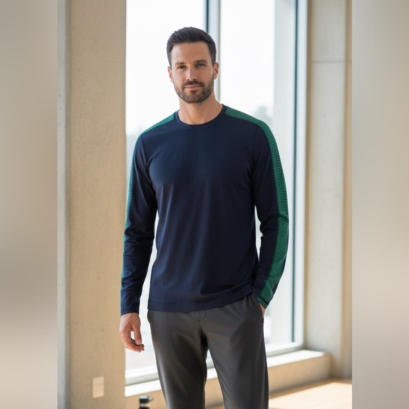 lululemon athletica Other - Lululemon Metal‎ Vent Tech Long Sleeve Shirt Navy Blue Green Stripe Size S/M